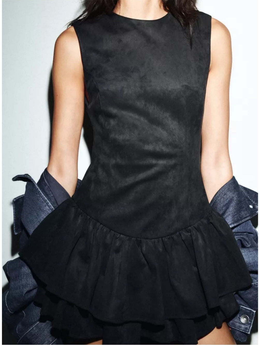 Zara NWT short faux suede romper dress with ruffles black 4764/279 - Picture 3 of 12